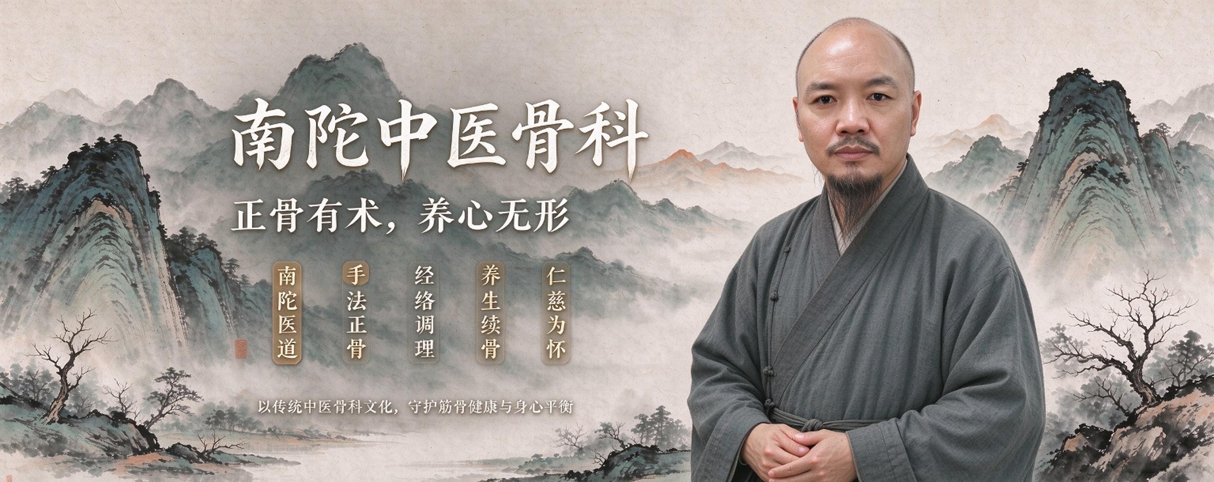 南陀中医馆水墨画：中医正骨主题，含书法题字与广告词